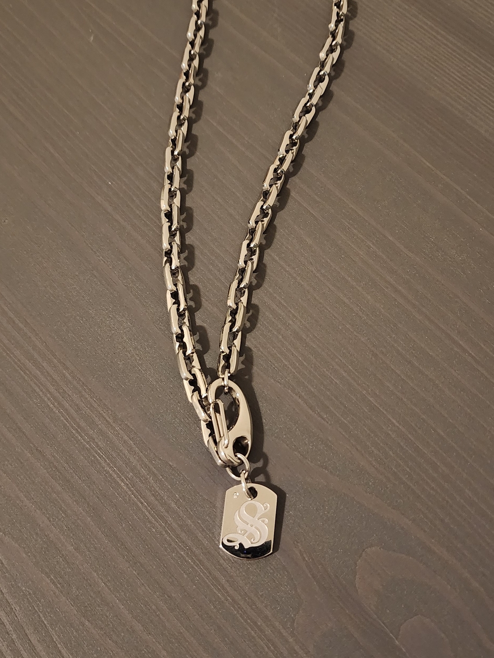 Silver-tone Mens Chain Necklace with Engraved Tag
